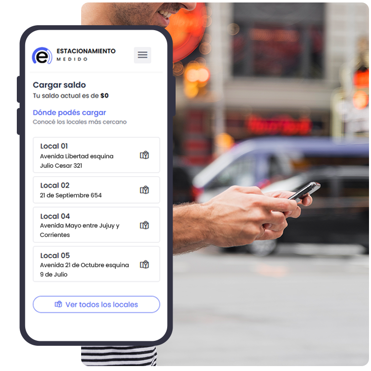 Pantalla para cargar saldo en la app de estacionamiento medido